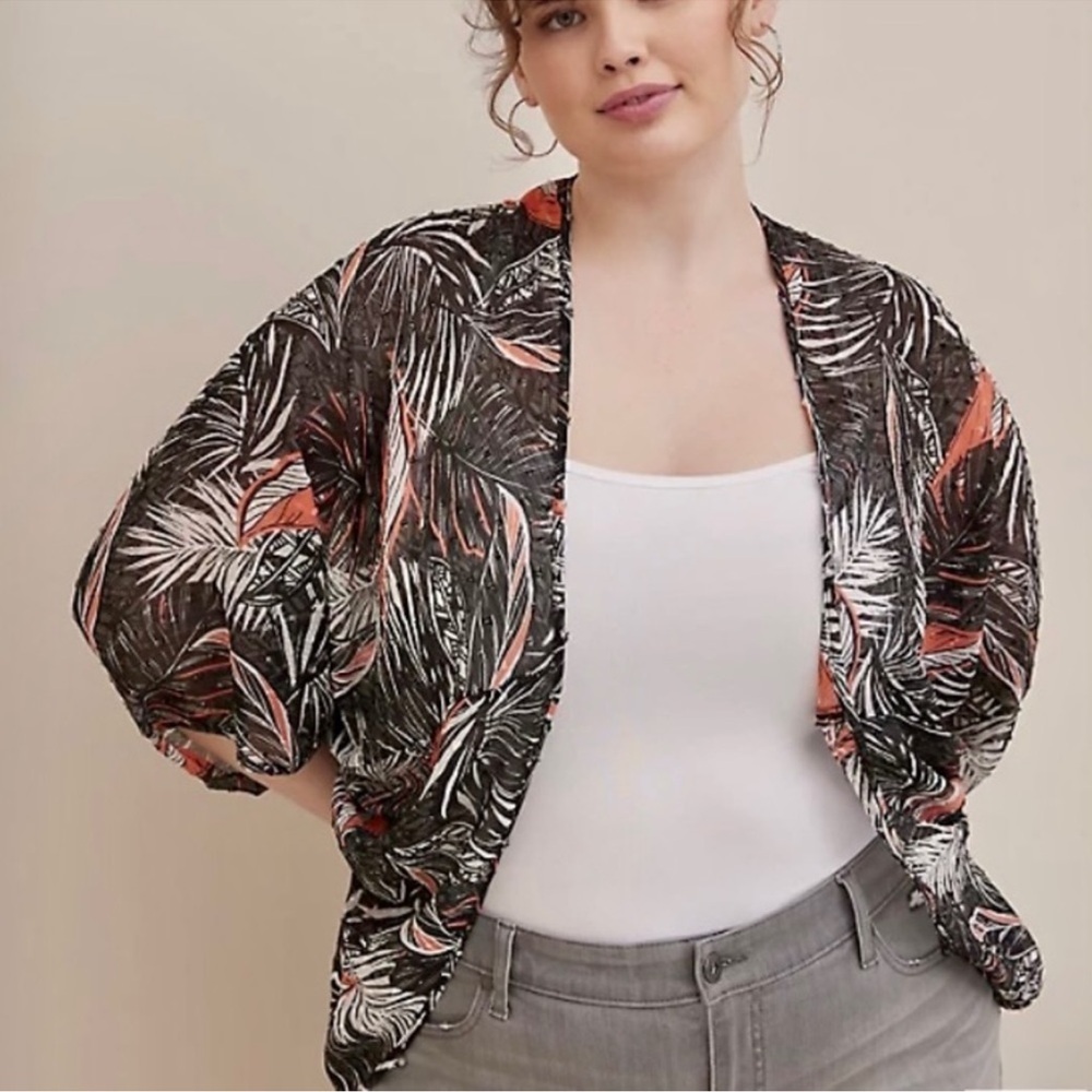 Torrid Tropical Leaf Kimono 1X 2X Black Orange Sheer Chiffon Cocoon Cardigan